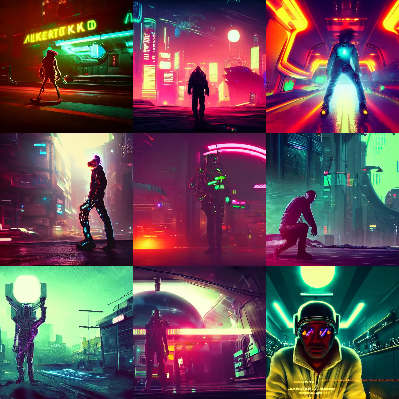 Prompt: photo of a drunk man on an alien cyberpunk neon planet, cinematic, atmospheric, 8k, trending on artstation