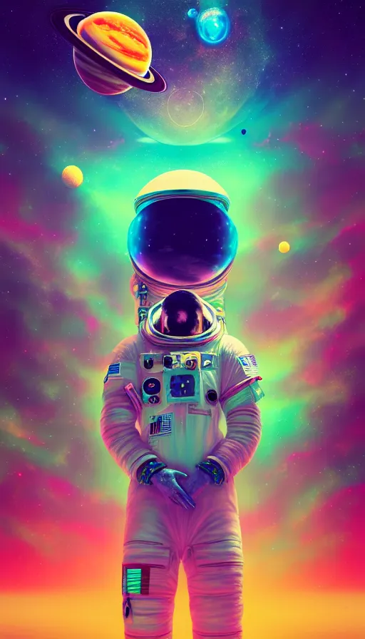 Image similar to a beautiful psychodelic astronaut, universe in the background, planets, sky, dream, highly detailed, digital painting, refreshing, trending on artstation, octane render, illustration by james jean