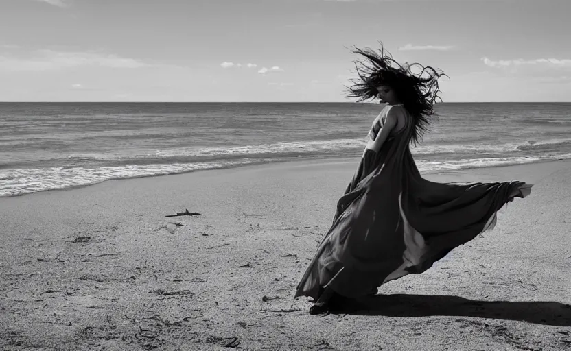 Prompt: an editorial in Vogue of a female model riding a hore along a beautiful beach, long hair and floating dress in the wind, by Peter Lindberg, etheral, dramatic, 8k, ultra detailed digital art