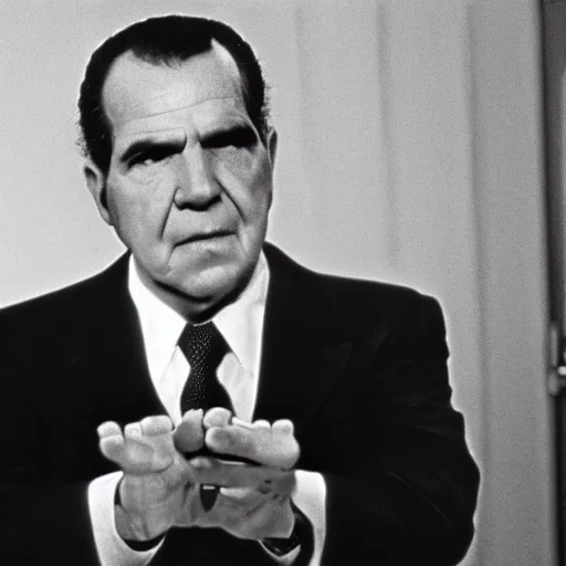 Image similar to a 1 9 7 0 s movie still of richard nixon trapped in a featureless white void room