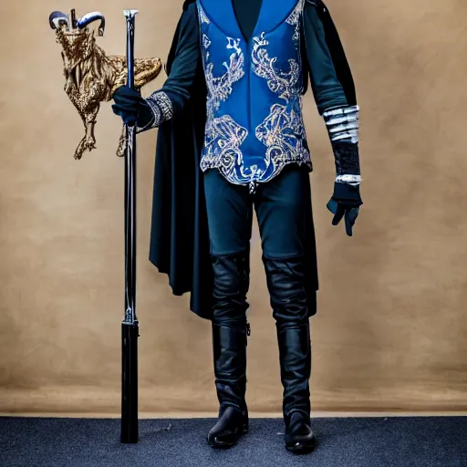 Image similar to medium shot of adult Austin Butler dressed in futuristic-baroque prussian blue duelist-garb with Griffin-Ram embroidery emblem, and nanocarbon-vest and greaves, standing in an arena in Dune 2020, XF IQ4, f/1.4, ISO 200, 1/160s, 8K, RAW, unedited, symmetrical balance, face in-frame