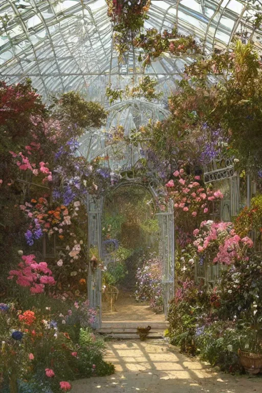 Prompt: a beautifull intricate greenhouse with many flowers, reflexions, verry high details by william turner art, greg rutkowski and alphonse mucha, trending on artstation, very very detailed, masterpiece,