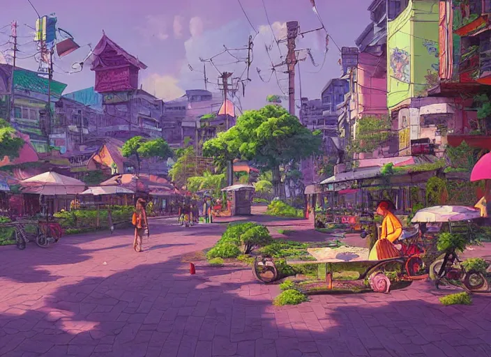 Prompt: bangkok townsquare, summer morning, very coherent and colorful high contrast, art by gediminas pranckevicius, geof darrow, makoto shinkai, dark shadows, hard lighting