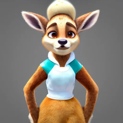 Image similar to portrait, 3 d render, tall slightly chubby anthropomorphic female deer, wearing along white dress, in the style of zootopia,