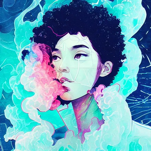 Prompt: vaporwave water smoke portrait, shattering acrylic geometric watercolor art by victo ngai and artgerm