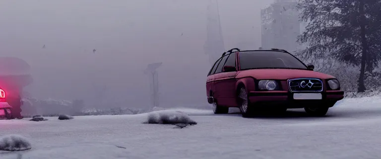 Image similar to Audi A4 B6 Avant (2002), a gritty neo-noir, dramatic lighting, cinematic, eerie person, death, homicide, homicide in the snow, gunshots, establishing shot, extremely high detail, photorealistic, red fog, chaos, arson, burning city, cinematic lighting, artstation, by simon stalenhag, Max Payne (PC) (2001) winter New York at night, In the style of Max Payne 1 graphic novel, flashing lights, Poets of the Fall - Late Goodbye