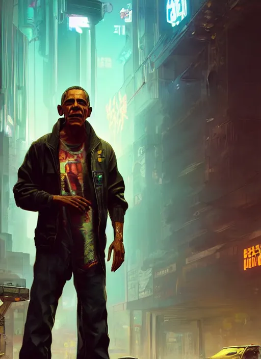 Prompt: portrait of Obama as a homeless character in Cyberpunk 2077, looking at camera, intricate, dystopian, sci-fi, extremely detailed, digital painting, artstation, concept art, smooth, sharp focus, illustration, intimidating lighting, incredible art by artgerm and greg rutkowski and alphonse mucha and simon stalenhag