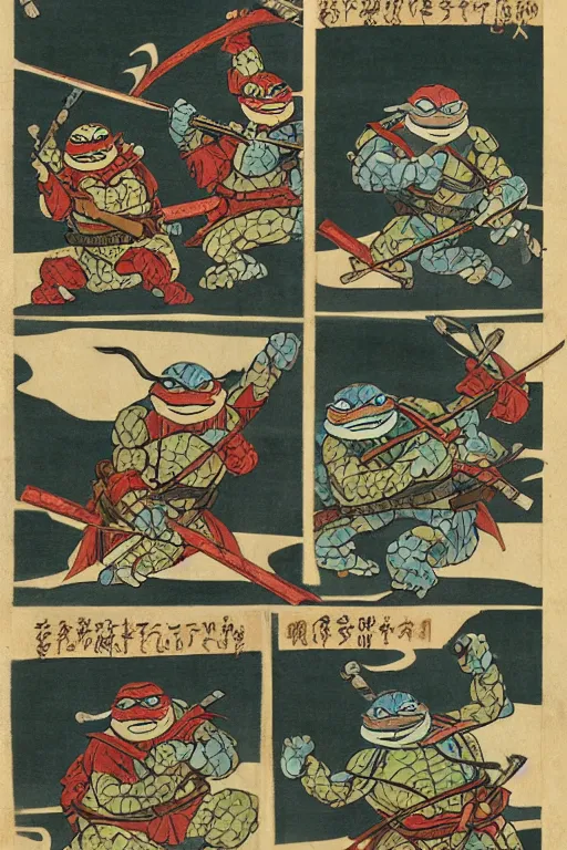 Image similar to Four Teenage Mutant Ninja Turtles, Japanese ukiyo-e ukiyo-ye woodblock print, by Moronobu