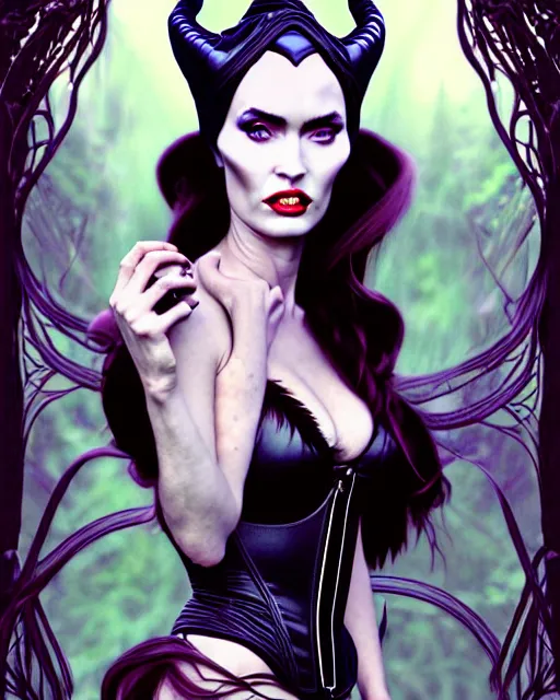 Image similar to new art nouveau portrait of fantasy succubus maleficent megan fox wearing a leather corset in a magical forest, anna dittmann, moebius, wlop, artgerm, patrick nagle, charlie bowater and loish. long windblown hair, ultrasharp focus, dramatic lighting, barbwire vine arches, photorealistic digital matte painting, intricate.