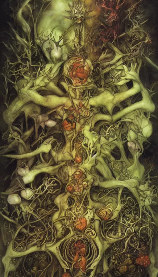 Prompt: life and death mixing together, by brian froud