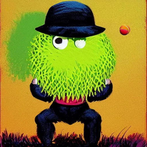 Image similar to a tennis ball monster ,tennis ball, colorful, Indiana jones, digital art, fantasy, magic, trending on artstation, ultra detailed, professional illustration by Basil Gogos