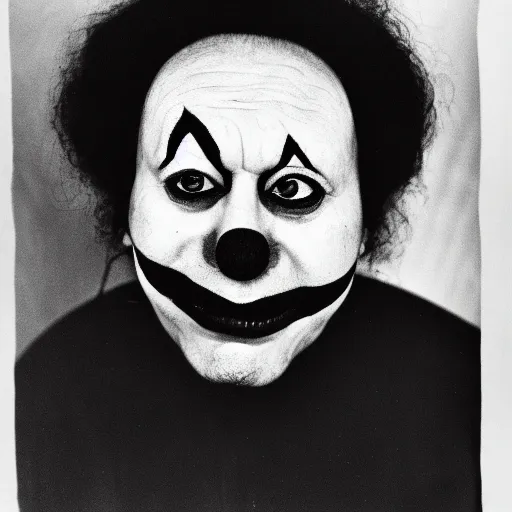 Image similar to portrait of clown by diane arbus, black and white photography