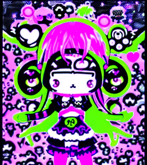 Image similar to cybergoth decora glitchcore yokai girl, sanrio tamagotchi moe ornaments, pastel cute cinematography