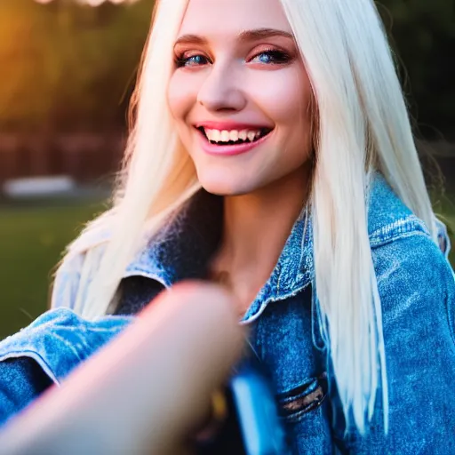 Prompt: beautiful selfie of a cute thin young woman smiling smugly, long light platinum blonde hair, flushed face, heart - shaped face, blue eyes, golden hour, 8 k, instagram