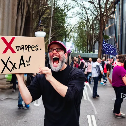 Image similar to photograph of smiling man holding a protest sign saying'xdxbfjzbd in the ahhhahhhahh ', high detail, 8 k resolution