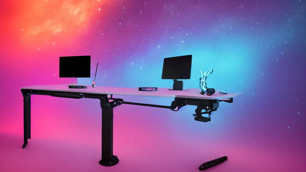 Image similar to a galactic overpowered computer. (cyan, pink, purple, orange) Overclocking, watercooling, custom computer, nebula, mat black metal, alienware, cosmic design, desktop computer, nebula, galactic, space, minimalist desk, minimalist home office, whole room, minimalist, Beautiful dramatic dark moody tones and lighting, orange neon, Ultra realistic details, cinematic atmosphere, studio lighting, shadows, starts lighting, starts, dark background, dimmed lights, industrial architecture, Octane render, realistic 3D, photorealistic rendering, 8K, 4K, Cyborg R.A.T 7, Republic of Gamer, computer setup, highly detailed