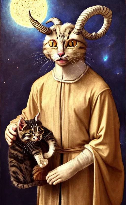 Image similar to a bipedal cat that has goat horns, anthropomorphic cat that is wearing robes, oil painting, by leonardo da vinci, d & d, fantasy, concept art, cosmic, magical, fog, noble, full body portrait, intricate, ornate, extremely detailed, cult, ritual, sharp focus, 4 k, 8 k