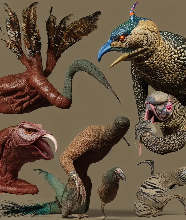 Prompt: a photo portrait of a high poly render of a complex merged single creature in a busy street, muscles normal cow arms map creature made of doglike class aves skin veins merged anaconda, bump map strangled by plastic wrap bower bird creature wrinkles pheasant, ivy complex feathers exotic morphing hoopoe, zebra morphing wings king vulture head