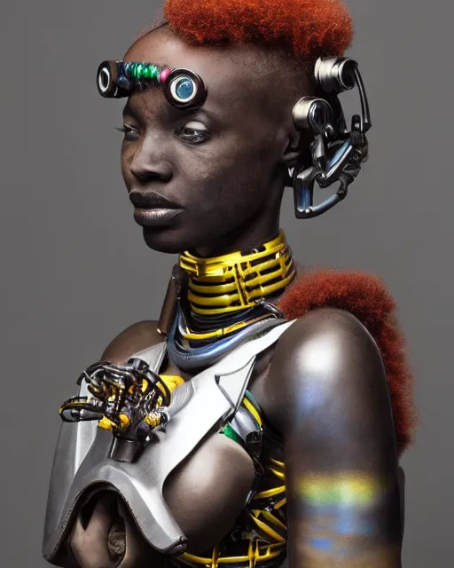 Image similar to beautiful afrofuturistic himba woman holding her helmet, otjize, led detailed spacesuit, himba hairstyle, robotic arms, hyperrealistic, scifi, retouched photograph, dark, muted colors