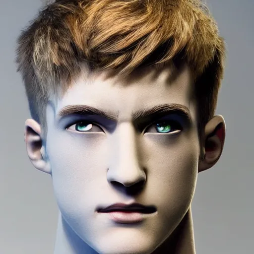 Image similar to “a realistic detailed photo of a guy who is an attractive humanoid who is half robot and half humanoid, who is a male android, twitch streamer Ninja Tyler Blevins, shiny skin, posing like a statue, blank stare, bedroom, close up”