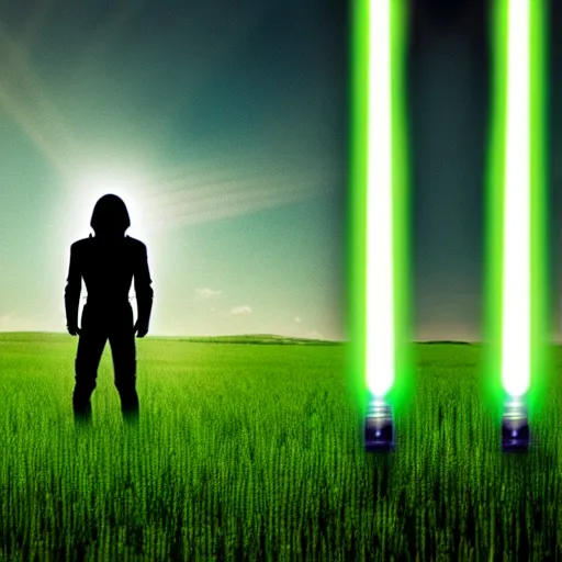 Image similar to an alien is standing in a field with a green lightsaber