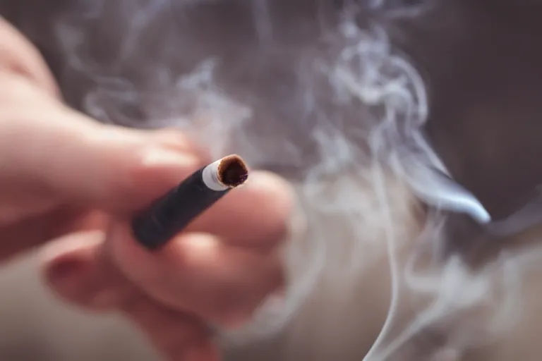 Image similar to Close-up of thin soft hand holding cigarette, with smoke, hand with five fingers, hyper realistic, high details, photo, super resolution