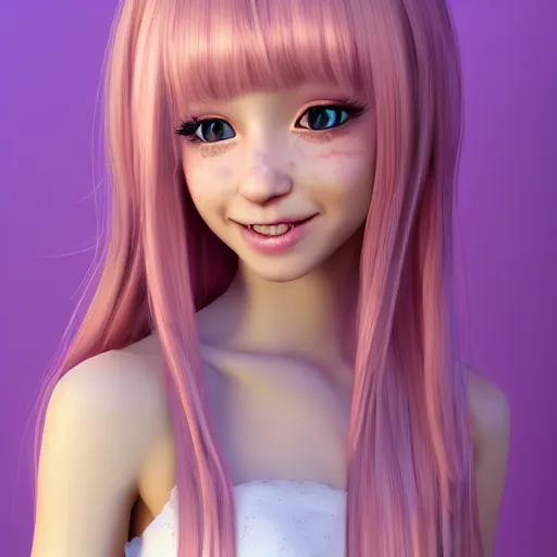 Image similar to Render of Nikki from Shining Nikki Dress-Up Game, a cute 3D young woman, long light pink hair, full bangs, full round face, hazel amber eyes, pale skin, cute freckles, light blush, Chinese heritage, smiling softly, wearing casual clothing, interior lighting, cozy living room background, medium shot, mid-shot, hyperdetailed, trending on Artstation, Unreal Engine 4k