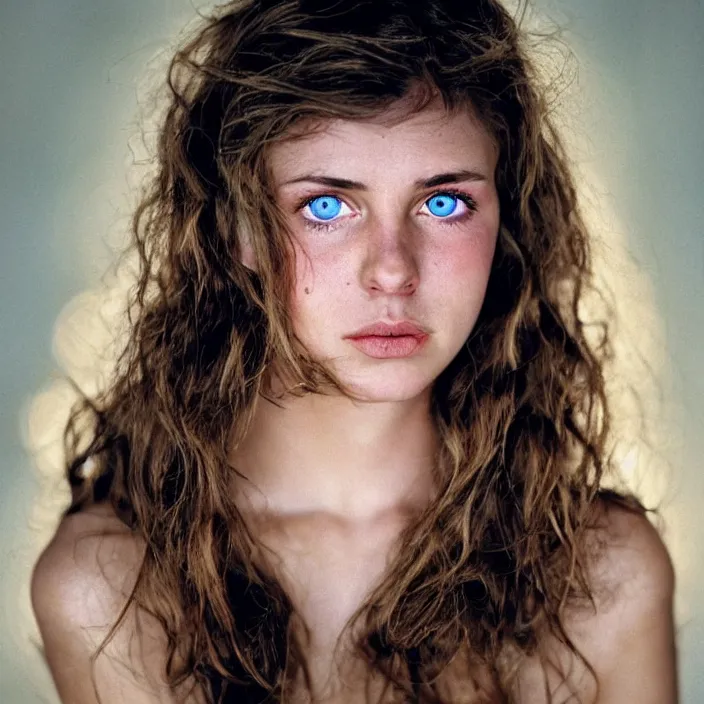 Image similar to Kodak Portra 400, 8K, highly detailed, dramatic photographic Close-up face of a extremely beautiful girl with clear blue eyes and brown hair , high light on the left, rim light, non-illuminated backdrop, illuminated by a dramatic light, Low key lighting, light dark, High constrast, dramatic , Steve Mccurry, Lee Jeffries , Norman Rockwell, Craig Mulins ,dark background, high quality, photo-realistic.