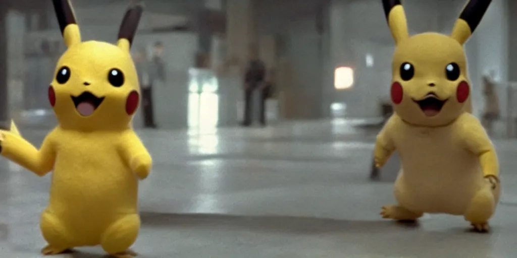 Image similar to a still of pikachu in RoboCop