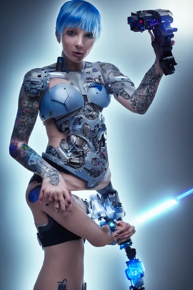 Prompt: Hot young woman with grey skin, blue hair, tattoos, wearing cyborg body components and holding advanced laser sword on top of an advanced futuristic tank, full figure, hyperrealistic, photorealistic, HDR, volumetric lighting, bokeh