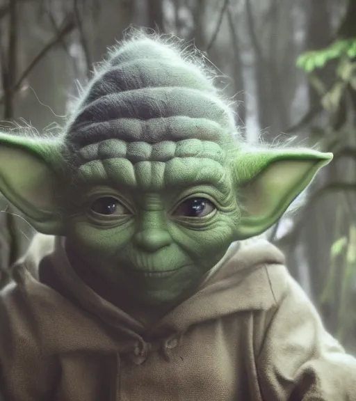 Image similar to 5 5 mm photo of a real life yoda in a forest. magical atmosphere. art by greg rutkowski. lifelike. very detailed 8 k. intricate. soft light. nikon d 8 5 0.