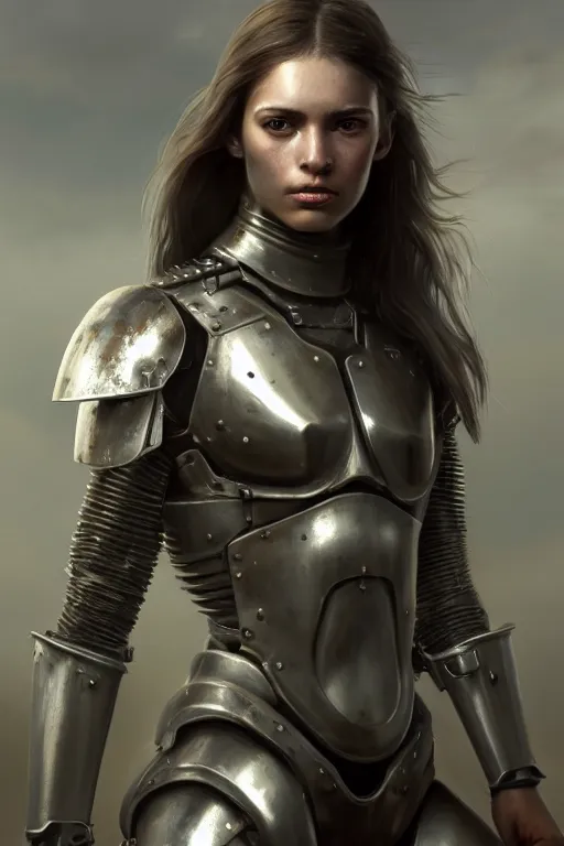 Prompt: a photorealistic painting of an attractive young girl, partially clothed in dirty metal-plated battle armor, dirty olive skin, long dark hair, beautiful bone structure, perfectly symmetrical face, perfect eyes, intricate, elegant, digital painting, concept art, illustration, sharp focus, minimal artifacts, volumetric lighting, from Metal Gear, in the style of Greg Rutkowski, trending on Artstation, award winning