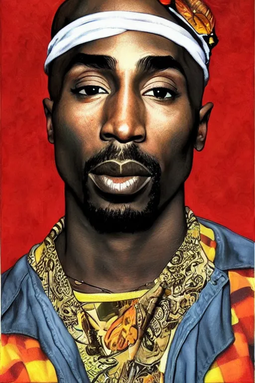 Prompt: Tupac, illustrated in whimsical style, Illustration by Norman Rockwell, Kehinde Wiley!!, artgerm, loish, oil painting,