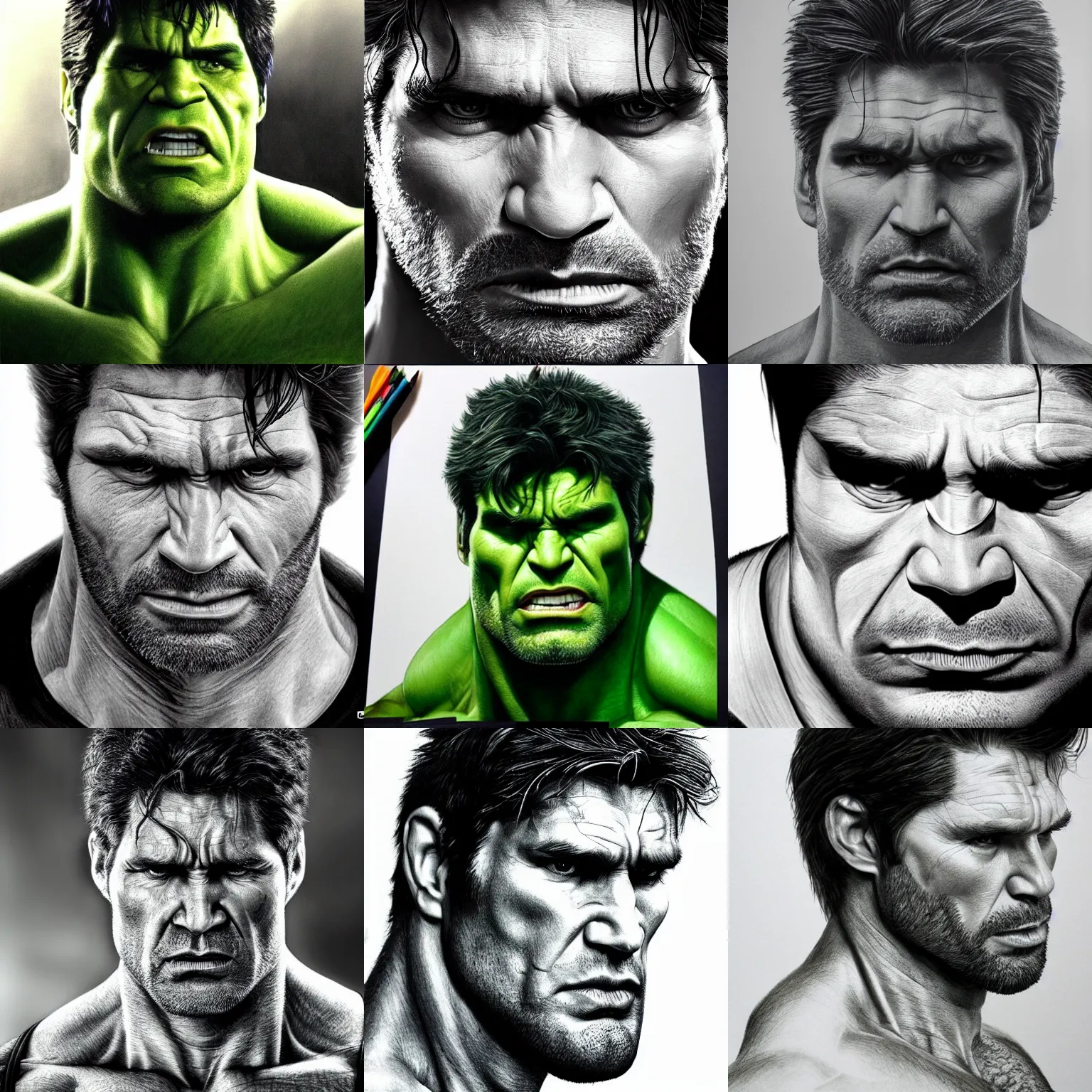 Image similar to ultra realistic detailed pen drawing of the incredible hulk face, eric bana, marvel cinematic universe, dramatic lighting, fine texture, fine hair strands, green skin, photo realism