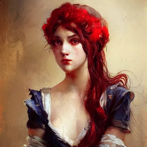 Image similar to Rien Poortvliet and Jean-Baptiste Monge and Solomon Joseph Solomon and Richard Schmid and Jeremy Lipking victorian genre painting portrait painting of a young beautiful woman marverl DC comic book character fantasy costume, red background