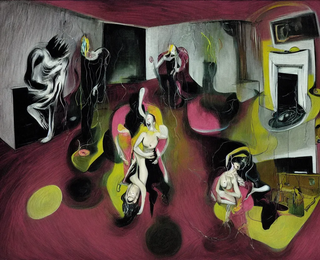 Image similar to Portrait of man and woman feeling love in the living room of a house, floating dark energy surrounds them. There is one plant to the side of the room, surrounded by a background of dark cyber mystic alchemical transmutation heavenless realm, fish eye lens, expressionist artwork by francis bacon and Jenny seville, midnight hour, part by adrian ghenie, part by jeffrey smith, part by josan gonzales, part by boris vallejo, part by norman rockwell, part by phil hale, part by kim dorland, artstation, highly detailed