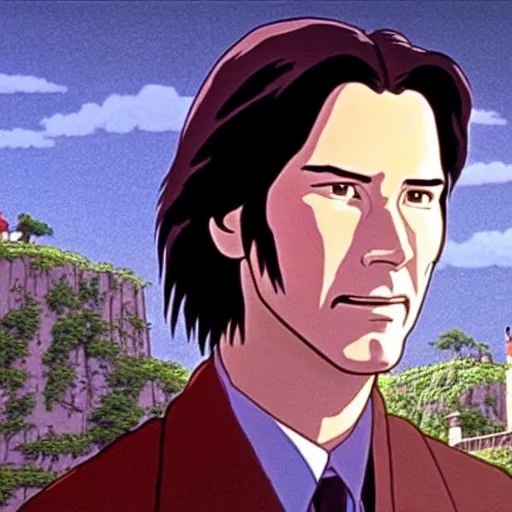 Prompt: a still of keanu reeves in castle in the sky ( 1 9 8 6 ) studio ghibli art style. hayao miyazaki imagination