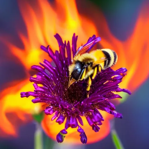 Prompt: a bee almost landing on a burning flower, the background is on fire, there is fire everywhere, macro photography