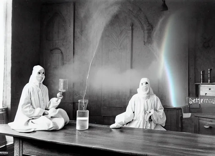 Image similar to realistic photo two medieval female scientists wearing white cotton doing an experiment with a cloud and rainbow, living room interior is made of wood 1 9 9 0, life magazine reportage photo