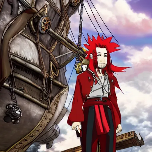 Image similar to male sky-pirate with long red hair and beard in front of a steampunk airship, full metal alchemist, anime style