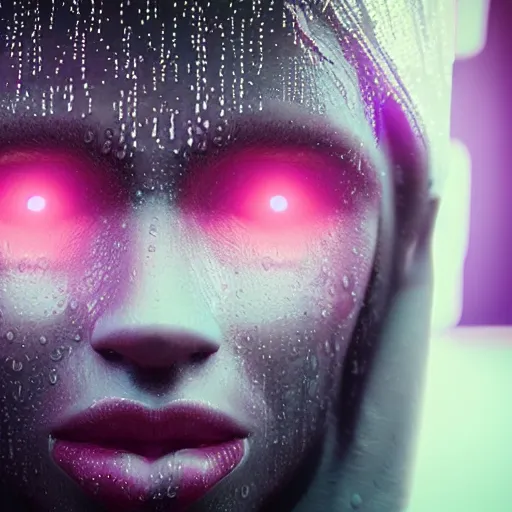 Image similar to a human made out of rain, neon, rendered in octane, unreal engine, highly detailed, realistic, beautiful, emotional