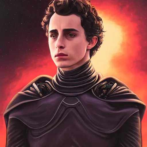 Image similar to realistic paul atreides emperor of the known universe, perfect dramatic and dark portrait by rabbitary b, trending on artstation, deviantart, dune, low angle oil painting and composition laws, dark foggy background, timothee chalamet, denis villeneuve cinematography