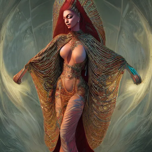 Image similar to a beautiful woman wearing algerian kaftan full body by alex gray and android jones , Karol Bak, Ayami Kojima, Amano , concept art, character design, fantasy,3D, 8k resolution