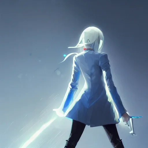 Image similar to low - angle shot from behind of a girl with light blue straight hair in a blue tailcoat, combat boots, noir, sharp focus, intricate, illustration, cell shaded, digital painting, highly detailed, art by greg rutkowski, studio quality, makoto shinkai, james jean