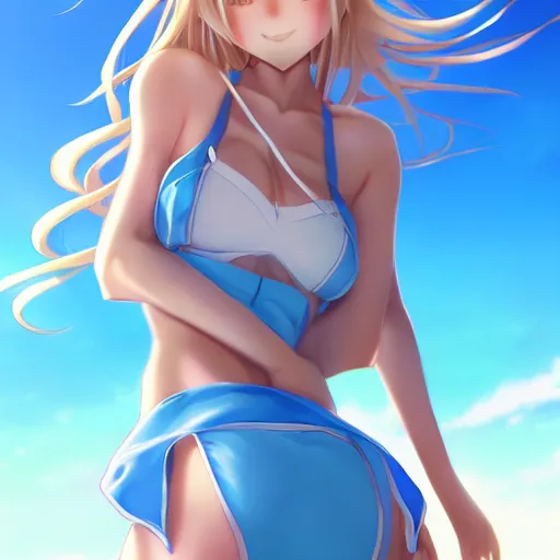 Image similar to a very beautiful young anime giantess with her tiny dad, full body, long wavy blond hair, sky blue eyes, full round face, evil grin, bikini, miniskirt, front view, mid - shot, highly detailed, cinematic wallpaper by stanley artgerm lau