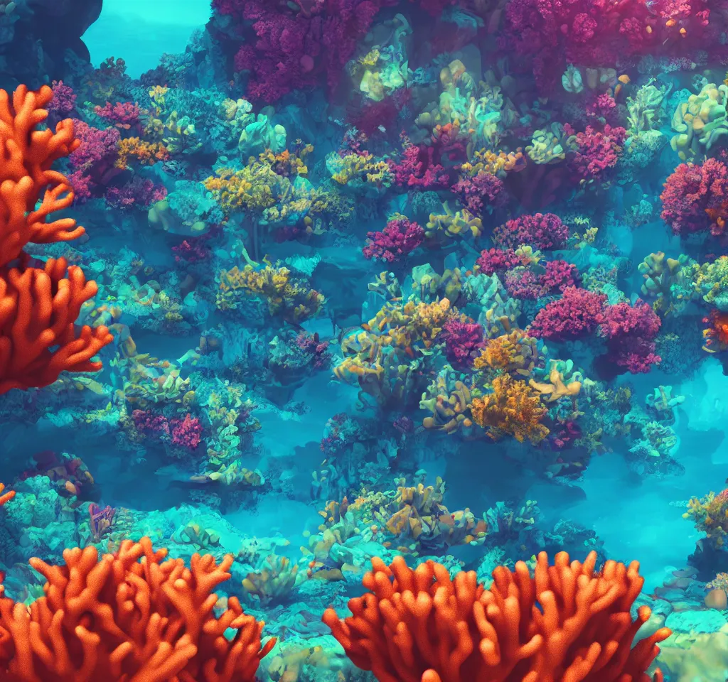 Prompt: underwater neon coral reef landscape magical realism painting with sun rays coming from above, neon pastel colors, octane render, maya, cinema 4d