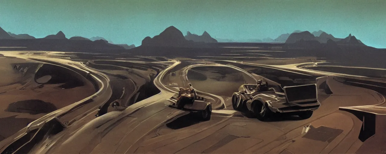 Image similar to a man driving a car in the dark, a screenshot by Chesley Bonestell, featured on cg society, les automatistes, reimagined by industrial light and magic, cinematic lighting, movie still