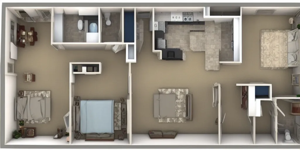 Image similar to 3 d floor plan of a one bedroom apartment, top view, realistic, detailed
