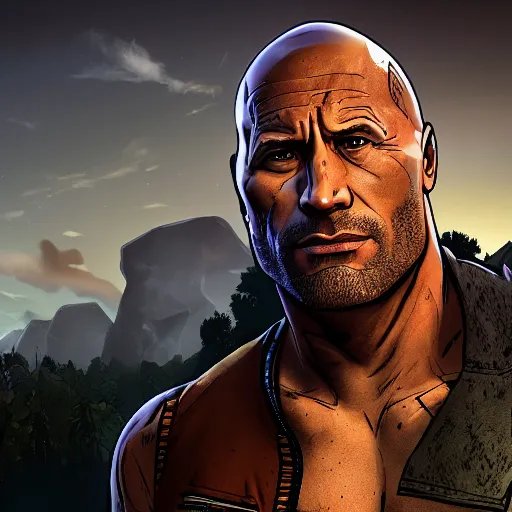 Image similar to dwayne douglas johnson portrait, borderlands, tales from the borderlands, the wolf among us, comic, cinematic lighting, studio quality, 8 k