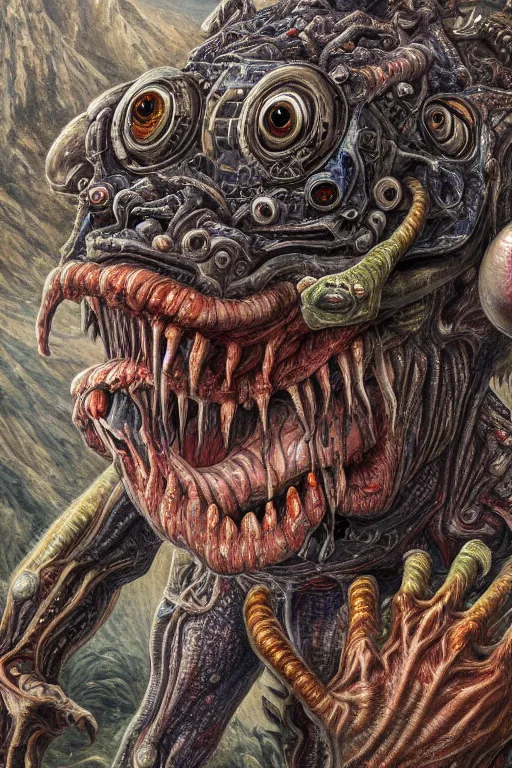 Image similar to a hyper - detailed painting of a deformed alien with various eyes, legs and arms, with skin with scales and strange textures, his mouth is open and they are screaming, from his mouth come out various chaotic monsters seeking revenge on evil humans and enslaving aliens